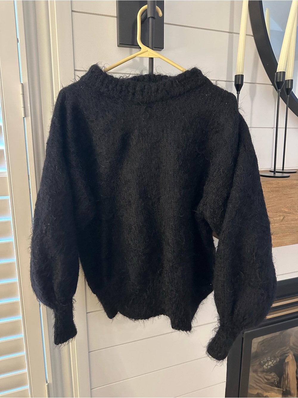 MOHAIR & WOOL Black Crewneck Fuzzy Balloon-Sleeve Sweater - Picture 1 of 3
